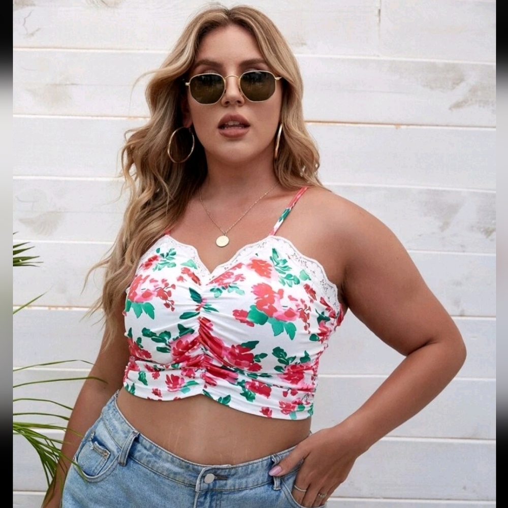 SHEIN White and Red Ruched Crop Camisole